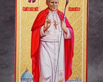 Byzantine Handmade Pope John Paul II Icon: Greek Orthodox Gift for Prayer Corners