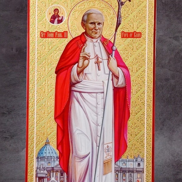 Byzantine Handmade Pope John Paul II Icon: Greek Orthodox Gift for Prayer Corners