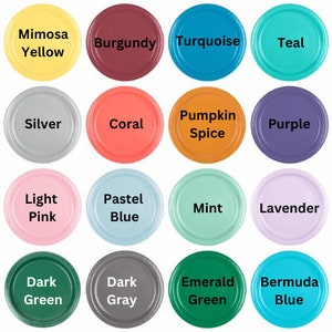 May include: A chart of 16 different color swatches, each with a name. The colors include Mimosa Yellow, Burgundy, Turquoise, Teal, Silver, Coral, Pumpkin Spice, Purple, Light Pink, Pastel Blue, Mint, Lavender, Dark Green, Dark Gray, Emerald Green, and Bermuda Blue.