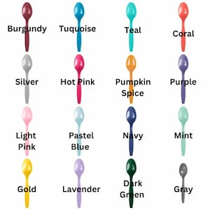May include: A set of 16 plastic spoons in various colors, including burgundy, turquoise, teal, coral, silver, hot pink, pumpkin spice, purple, light pink, pastel blue, navy, mint, gold, lavender, dark green, and gray.