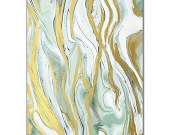 May include: Abstract painting with swirling patterns in shades of white, green, and gold.