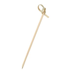 May include: A wooden skewer with a knotted bamboo wrap at the top. The skewer is light brown and the wrap is a natural beige color.