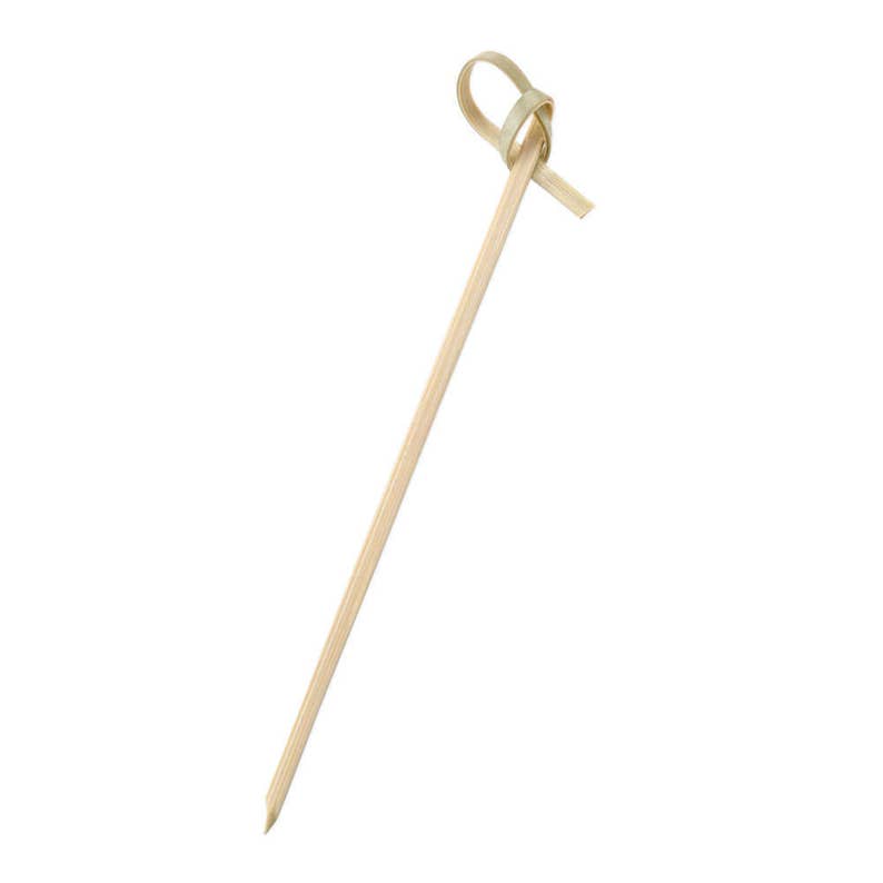 May include: A wooden skewer with a knotted bamboo wrap at the top. The skewer is light brown and the wrap is a natural beige color.
