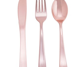 Rose Gold Plastic Silverware,Plastic Rose Gold Cutlery,Disposable Plastic Forks and Spoons,Heavy Duty Plastic Cutlery for Wedding,Birthday