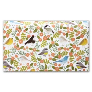 May include: A white background with a repeating pattern of colorful birds and flowers. The birds are yellow, blue, gray, and brown. The flowers are pink and orange.