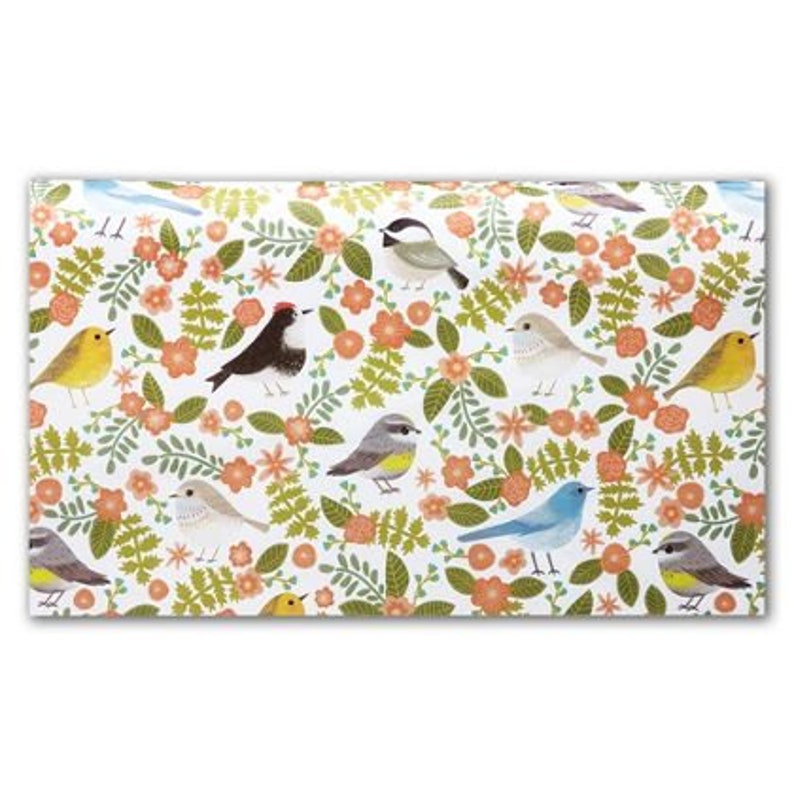 May include: A white background with a repeating pattern of colorful birds and flowers. The birds are yellow, blue, gray, and brown. The flowers are pink and orange.