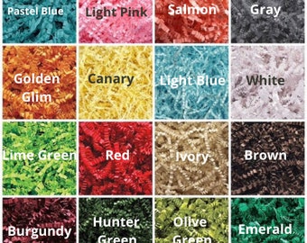May include: A collage of 16 different colors of shredded paper, including pastel blue, light pink, salmon, gray, golden, canary, light blue, white, lime green, red, ivory, brown, burgundy, hunter green, olive green, and emerald green.