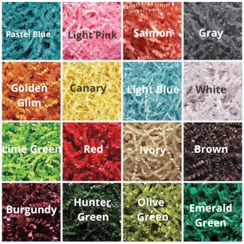 May include: A collage of 16 different colors of shredded paper, including pastel blue, light pink, salmon, gray, golden, canary, light blue, white, lime green, red, ivory, brown, burgundy, hunter green, olive green, and emerald green.