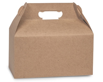 May include: A brown cardboard box with a handle. The box is made of corrugated cardboard and has a natural brown color. The box is designed for carrying and storing items.