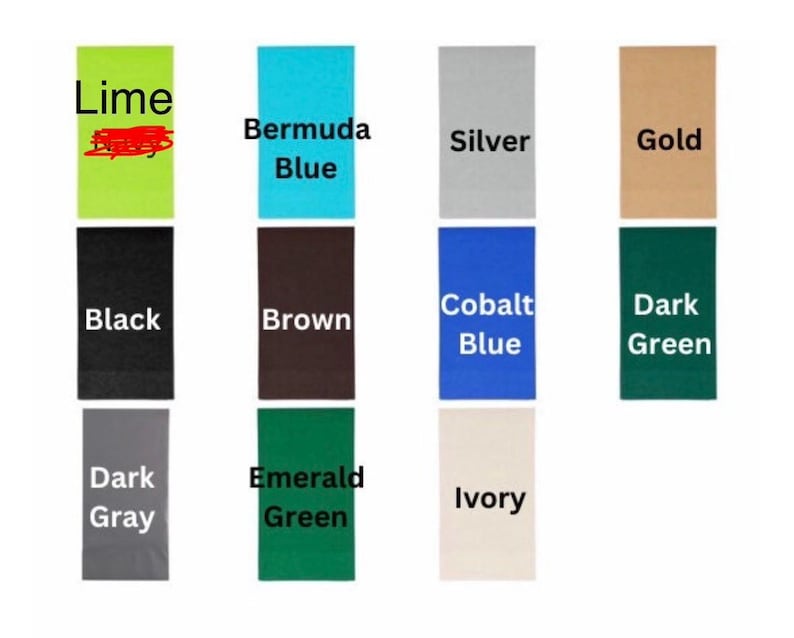 May include: A collection of rectangular color swatches, each labeled with a color name. Colors include Lime, Bermuda Blue, Silver, Gold, Black, Brown, Cobalt Blue, Dark Green, Dark Gray, Emerald Green, and Ivory.