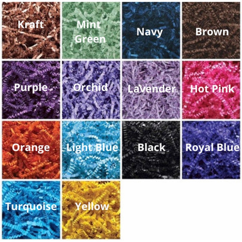 May include: A collection of 12 colors of shredded paper, including kraft, mint green, navy, brown, purple, orchid, lavender, hot pink, orange, light blue, black, and royal blue. The shredded paper is arranged in a grid of 4 rows and 3 columns. The colors are vibrant and the paper is finely shredded.