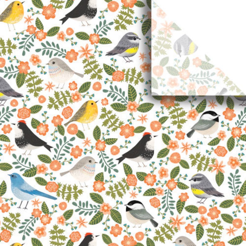 May include: A white background with a repeating pattern of colorful birds and flowers. The birds are a variety of species, including robins, sparrows, and chickadees. The flowers are a variety of colors, including pink, yellow, and blue.