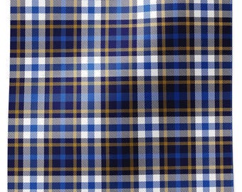 May include: A blue, white, and gold plaid pattern. The pattern is made up of thin stripes of each color.