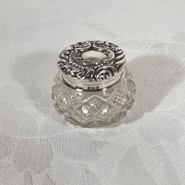 Antique Edwardian Hallmarked Sterling Silver Top Hobnail Glass Vanity Jar Birmingham 1902