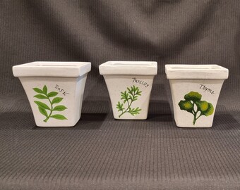 Set of Three Hand Painted Terracotta Herb pots : Basil, Parsley, Thyme