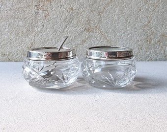 Vintage Matching Pair Lead Crystal Open Salts with Hallmarked Sterling Silver Rim  & EPNS Spoon London 1929