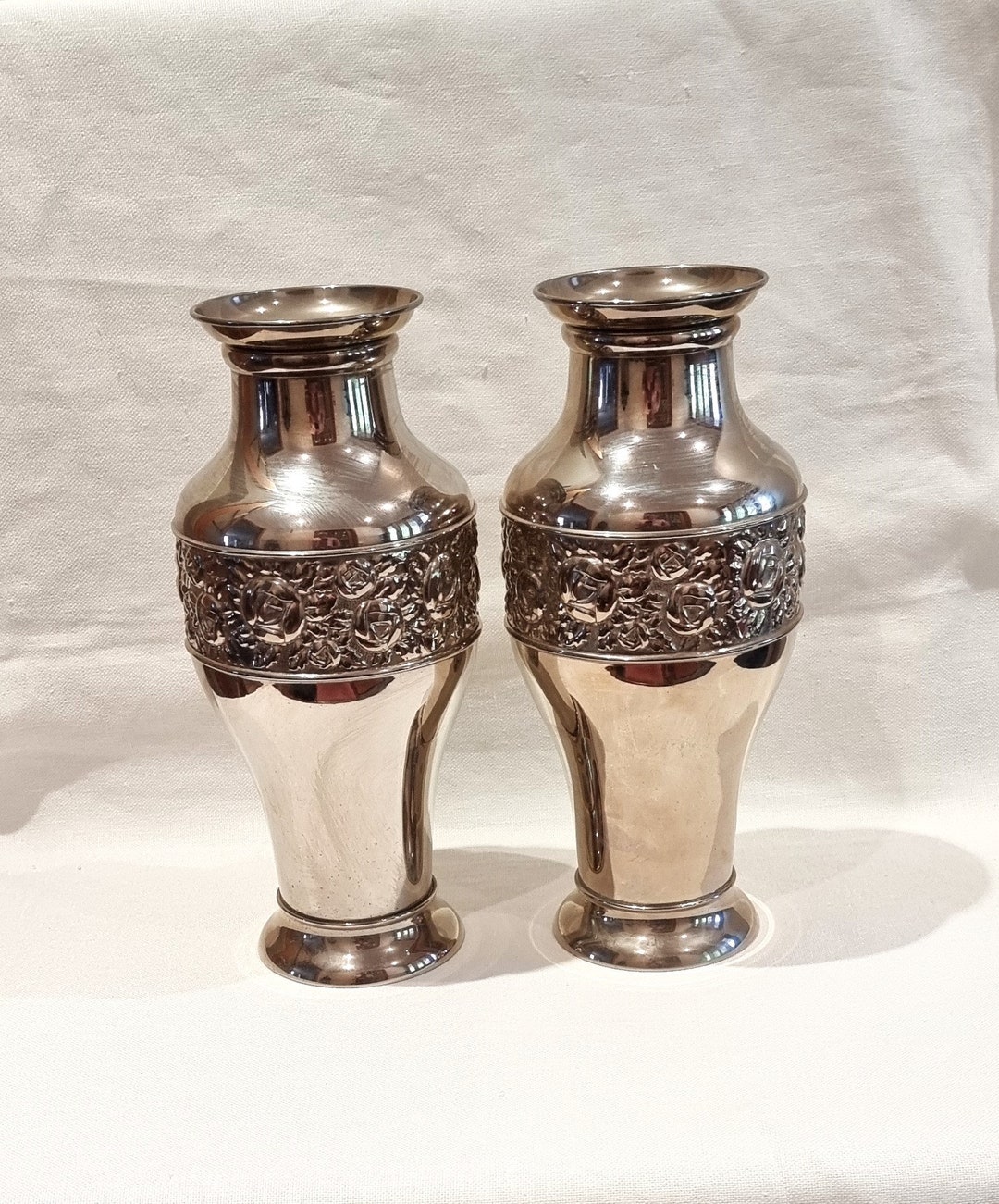 Vintage Matching Pair of Silver Plate Mantle Vases With Column Etsy