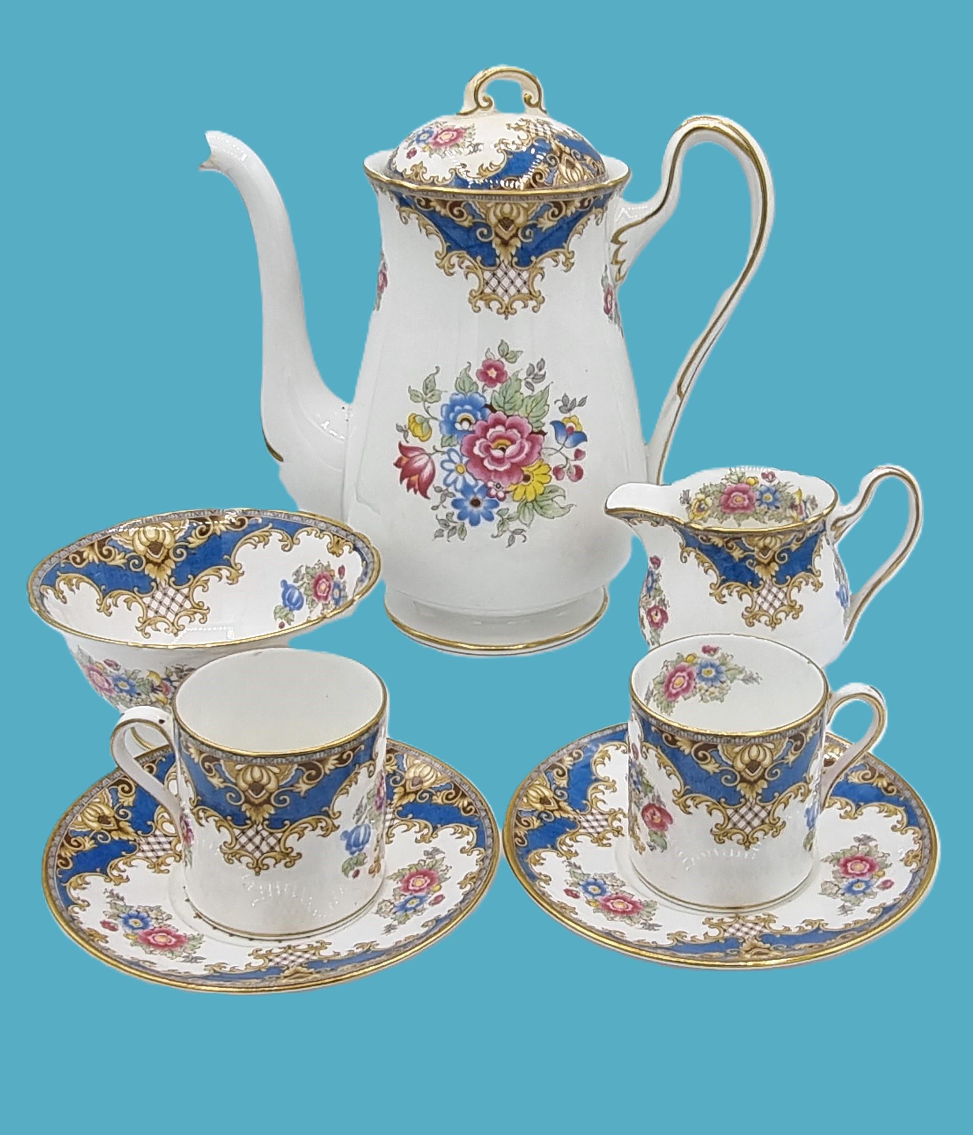 Vintage Shelley Blue Sheraton 13291 Bone China Coffee Service for