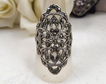 Vintage Art Deco 925 Sterling Silver Marcasite Statement Ring Size P/8