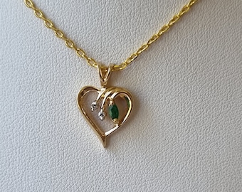 14ct Yellow Gold Marquise Cut Emerald & Diamond Heart Shaped Pendant