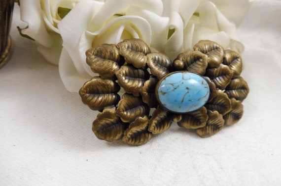 Antique Signed Czech Brass Brooch Turquoise Glass… - image 3