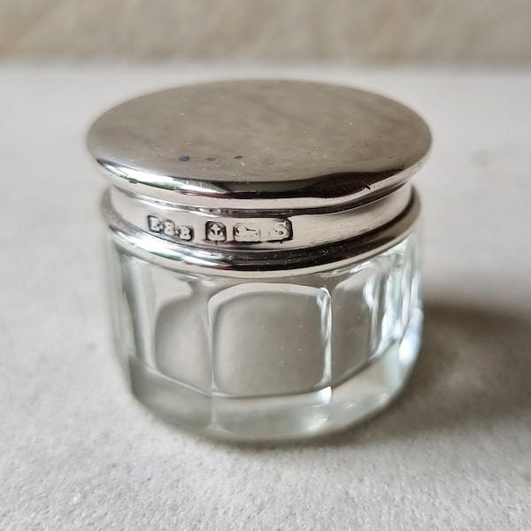 Vintage Hallmark Silver Top Small Cut Glass Boudoir Jar Birmingham 1917 Barnsley & Co