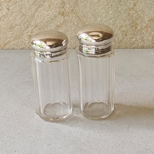 Antique Edwardian Graduated Pair of Hallmarked Sterling Silver Top Toiletry Jars London 1903 Walker & Hall