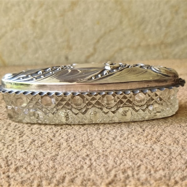 Antique Oval Crystal Trinket Box HMSS and Gilt Lid : Chester 1919