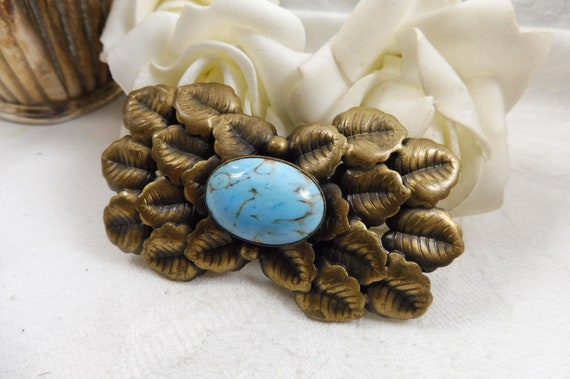 Antique Signed Czech Brass Brooch Turquoise Glass… - image 2