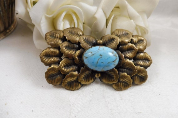 Antique Signed Czech Brass Brooch Turquoise Glass… - image 1