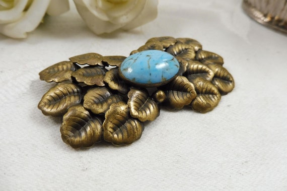 Antique Signed Czech Brass Brooch Turquoise Glass… - image 4