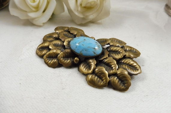 Antique Signed Czech Brass Brooch Turquoise Glass… - image 5