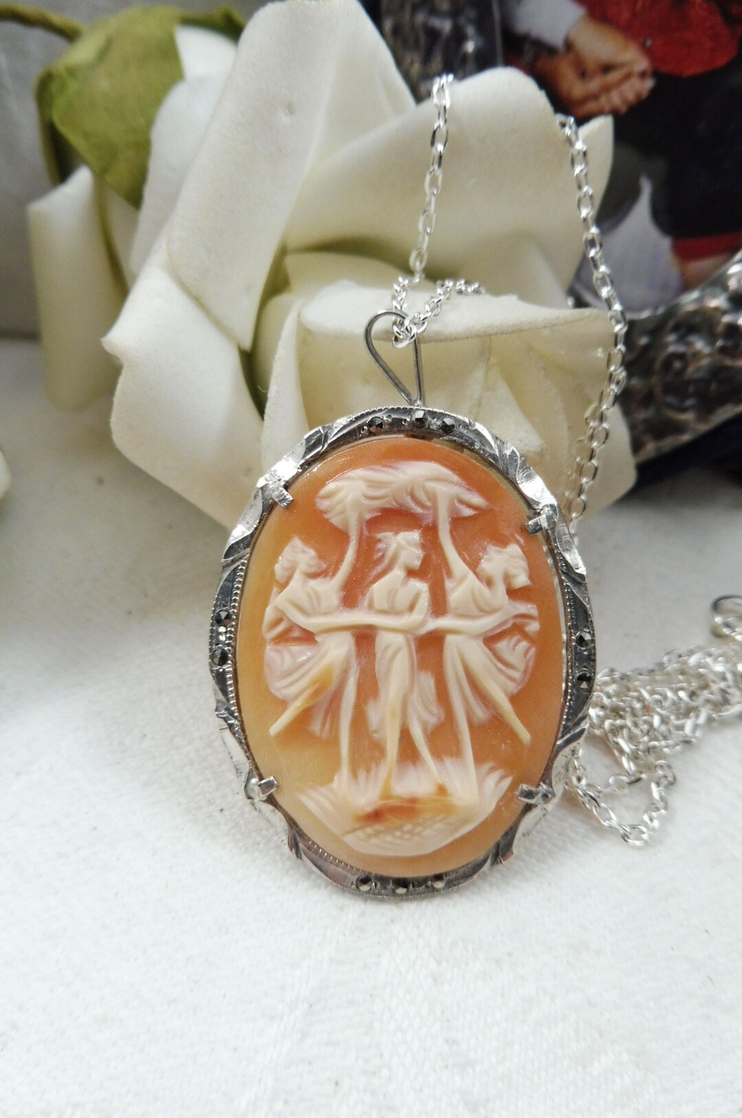Three Graces Antique Carved Shell Cameo Pendant 800 Silver With ...