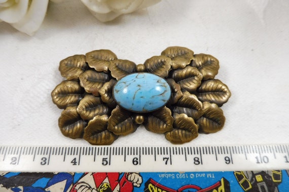 Antique Signed Czech Brass Brooch Turquoise Glass… - image 7