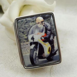 Vintage Sterling Silver & Enamel Top Rectangular Pill Box Motorcycle Racer