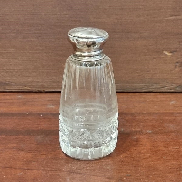 Antique Edwardian Small Silver Screw Top Cut Glass Crystal Tapered Toiletry Jar Bottle