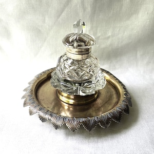 Antique Heavy Brass and Crystal Desk Inkwell