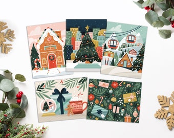 Assorted Christmas Cards Pack | 5 Holiday Cards | Cartes de Noël | Blank Cards