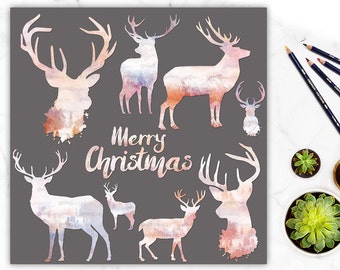 Christmas Watercolor Stag Clipart - Digital Clipart, Deer, Stag, Banner, Printable, Holidays