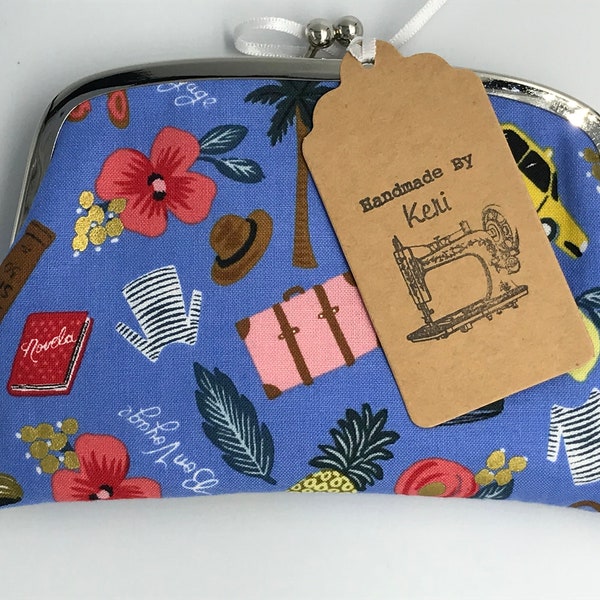 Twin Frame Travel Bon Voyage Kisslock Purse Bag Palm Trees Blue Pink Pineapple Novelty Dual Compartment Hibiscus Tropical Tiki Taxi