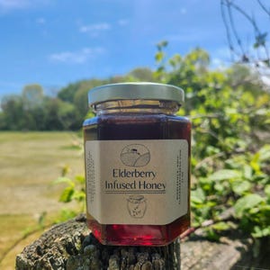 May include: A jar of elderberry infused honey with a silver lid and a label that reads "Elderberry Infused Honey". The jar is filled with a dark red liquid and sits on a wooden post. The background features a field and a blue sky.