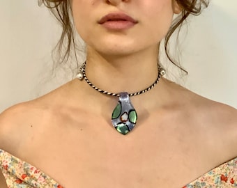 Unique sparkling dichroic glass pendant choker, handmade dichroic glass pendant chocker, Lilac silver green red dichroic pendant chocker.