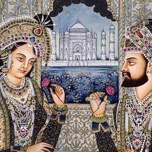 Supper fine quality Mughal painting, Shah Jahan&Mumtaz Mahal painting, Rare Indian miniature mughal painting. image 2