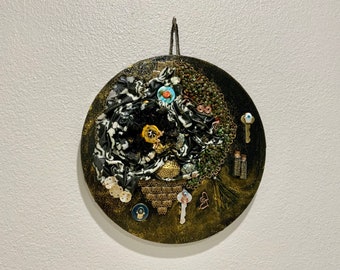 Mixed media wall art, wall art, One of a kind wall art, Round mixed media wall art, Multi colours mixed media wall art.