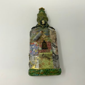Vintage look decorated bottle, Decoupaged bottle, Cold porcelain and decoupage bottle, Cameo bottle.