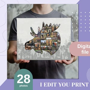 Op de afbeelding: Een canvas print met een elandkop-silhouet gevuld met meerdere foto's. De tekst "I will edit the collage within 24-48 hours" is zichtbaar. De woorden "Digital file" en "28 photos" worden ook weergegeven. De zin "I EDIT YOU PRINT" staat onderaan.