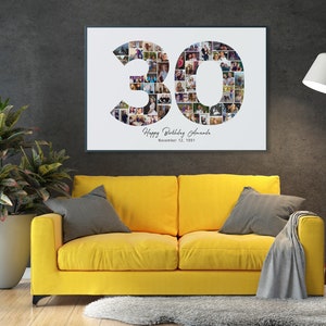 May include: A white framed photo collage of a 30th birthday with a photo mosaic of the number 30. The text "Happy Birthday Amanda" and "November 12, 1991" is below the number 30.