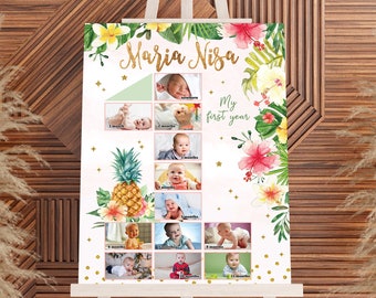 First birthday, first year collage, first birthday, 1st birthday poster, hawaiian party, Hawaiian sign, aloha sign, 1st birthday