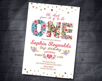 Flower Girl First Birthday Party Invite Floral 1st Birthday Invitation Pink and Gold First 1st Birthday Invite Floral First Birthday Invite