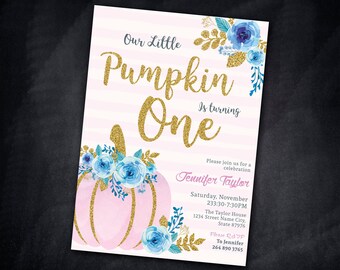 Little Pumpkin Birthday Invitation Pumpkin first birthday Pumpkin Birthday Invitation First Birthday Girls Pumpkin Invite pink Glitter